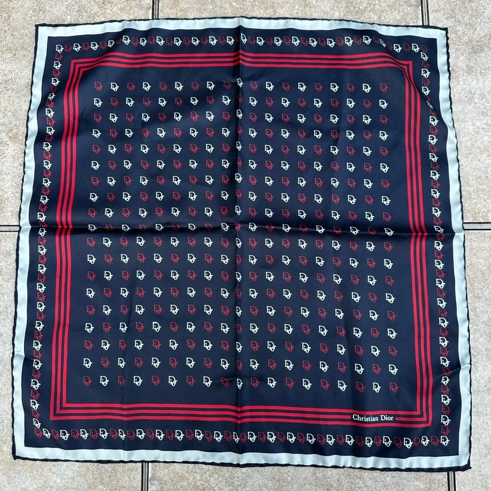 Christian Dior Blue Red White Silk Allover Logo Print Bordered Hand Roll Scarf